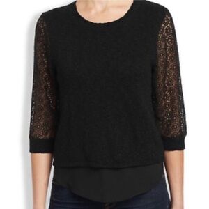 Club Monaco Black Mixed Media Crochet 3/4 Sleeve Silk Cashmere Sweater Small